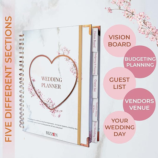 Beautiful Bridal Wedding Planner - 9" x 11" Wedding Planner Book and Organizer with 5 Tabbed Sections, 144 Pages, Countdown Calendar, Metal Corners and Elastic Band - Premium Engagement Gift for Future Brides