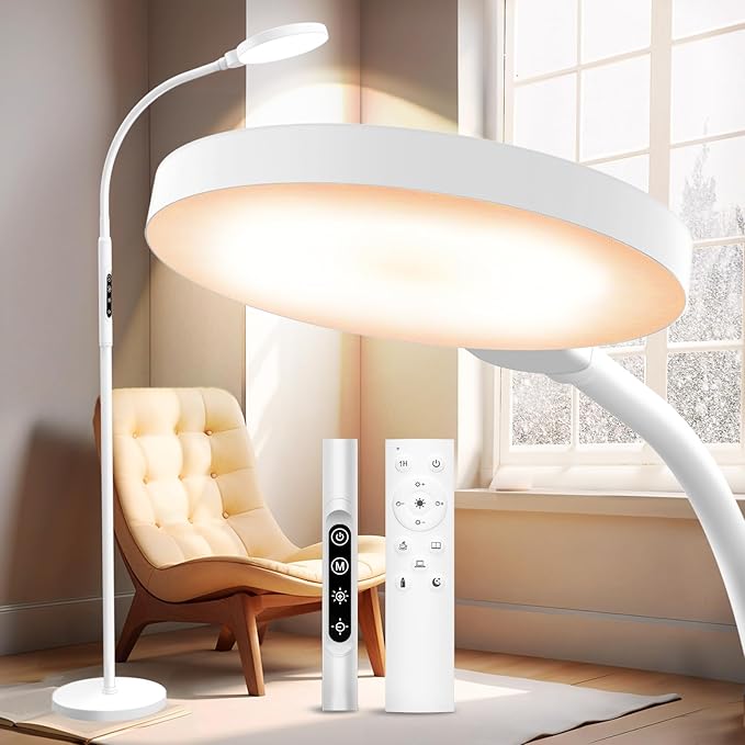 Light Therapy Lamp, 3 in 1 Therapy Floor Lighting, 11000 Lux Full Spectrum Therapy Lamps, UV-Free LED Sunlight, 10 Brightness/5 Color/Gooseneck/Height Adjustable Timer Control, White