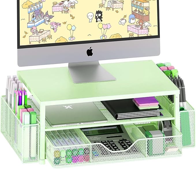 Desk Organizers and Accessories, 2-Tier Computer Monitor Stand Riser with Drawer and 2 Pen Holders, Laptop Stand, Office Desk Accessories for Office Supplies, Green