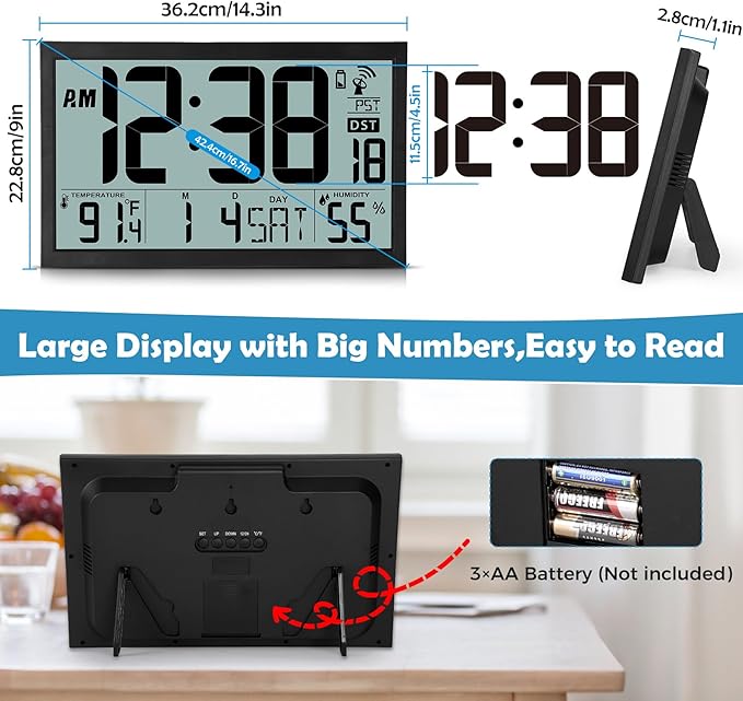 SZELAM Atomic Clock,16.7" Large Display Digital Wall Clock Battery Operated,Digital Calendar Auto Setting Desk Clocks with Indoor Temperature, Humidity,Date,Day,Auto DST for Elderly Bedroom Classroom
