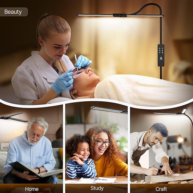 Syrinx LED Floor Lamp, Dual Head Gooseneck Floor Lamps for Living Room with Gesture Switch & Remote Control, 14W Bright Tall Standing Lamp Modern Eye-Caring Reading Floor Lamp for Bedroom Office