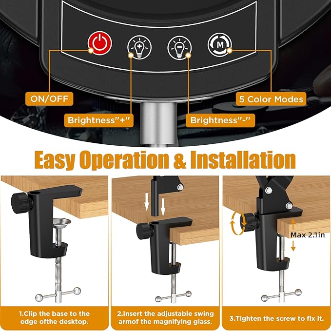 10X Magnifying Glass with Light and Clamp, 5 Color Modes Stepped Dimmable 2-in-1 with LED Desk Lamp, Hands Free Magnifier with Light for Close Works Craft Hobby Painting Reading DIY Repair