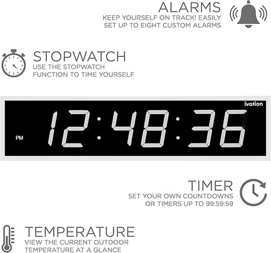 Ivation Oversized 24" Large Digital LED Clock | Big Digital Clock w/Multi-Function Display – Stopwatch, Timer, Alarms, Temp & Date | 6 Brightness Levels, Time Memory & Remote (White)