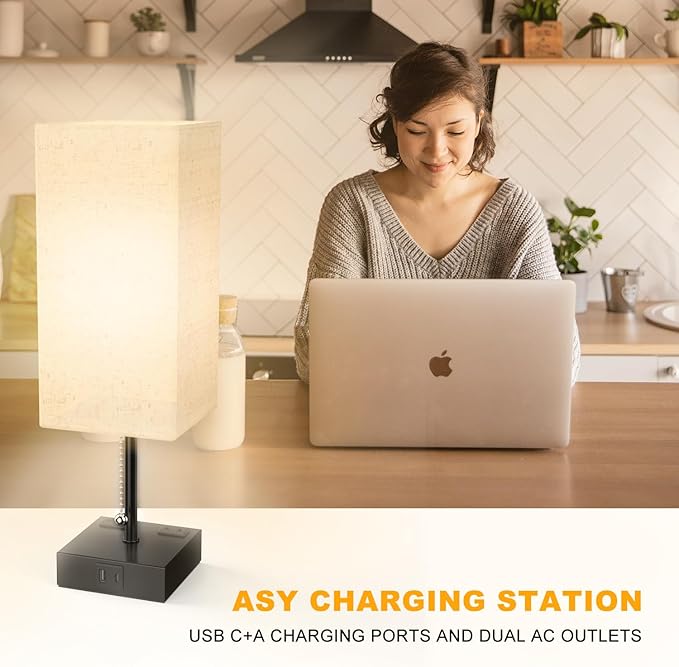 Table Lamp for Bedroom with USB,Bedside Lamp with USB C+A Charging Ports,Adjustable 3color LED Light for Home Decor/Nightstand/Office,Included Bulb and Fabric Lamp Shade (Linen White, 2PCS)