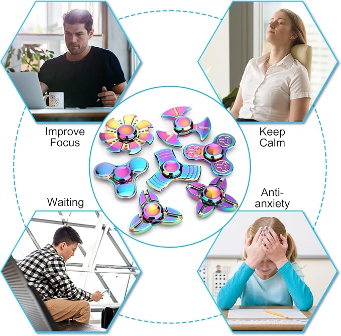 7 Pack Rainbow Fidget Spinners Pack Stress Relief Toys for Kids Adults, Finger Hand Spinner Metal Fidget Bulk Set Desk Toy for Anti-Anxiety Focus, Cool Small Gadget Novelty Gifts Party Favor