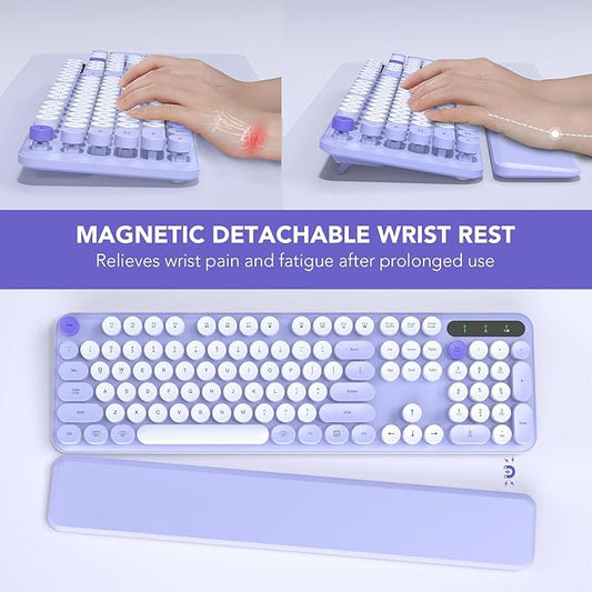 Wireless Keyboard, Round Keycaps, Retro Typewriter Keyboard with Detachable Wrist Rest, Sleep Mode, Foldable Legs, 2.4GHz Full-size Cordless Computer Keyboard for Windows/PC/Laptop (Colorful-Purple)