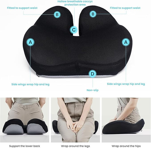 CXC Seat Cushion: Extra Thick Memory Foam with Cooling Gel & ComfortCurve Ergonomic Design - Donut Pillow for Tailbone Pain Relief, Sciatica Support, Orthopedic Office Chair Cushion, Wheelchair.