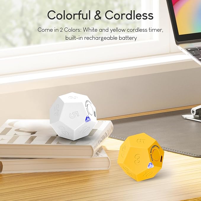 Yellow Pomodoro Timer - 11 Preset Productivity Cube, Ring/Vibrate Mode, Rechargeable, Perfect for Cooking, Learning, Exercise and Beauty