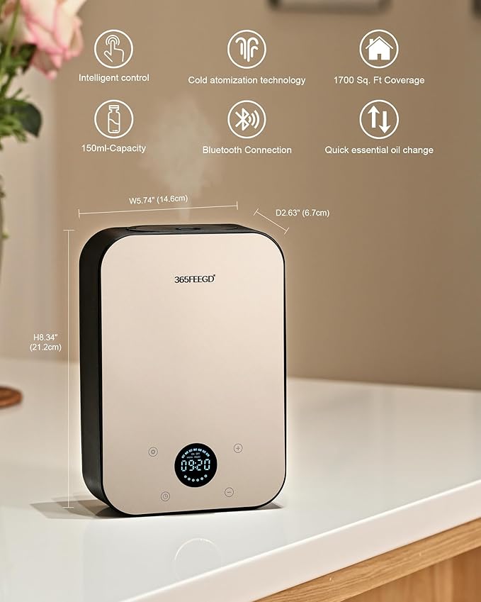 Waterless Oil Diffuser - Pure Essential Oil Diffuser with App Control - 150ml/1700 Sq.Ft. Coverage for Effective Aromatherapy in Home/Office/Hotel (Black Gold)