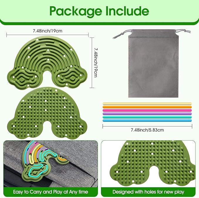 Sensory Activity Board Silicone Fidget Toy, Double-Sided Rainbow Sensory Toys for Autism, Stress, Anxiety, ADHD, Kids 3+& Adults, Includes Travel Bag & 12 Strings, Green