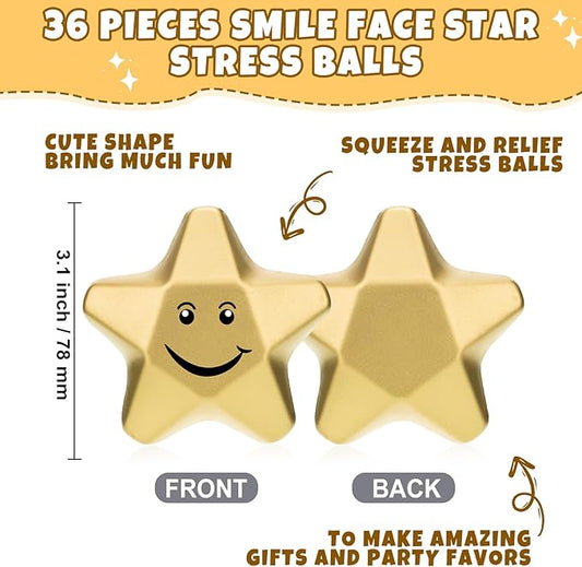 Deekin 36 Pieces Star Stress Balls Mini Foam Ball Stress Relief Toys for Teens and Adults Student Bag Fillers, Gold(Smile,3.1 Inch)