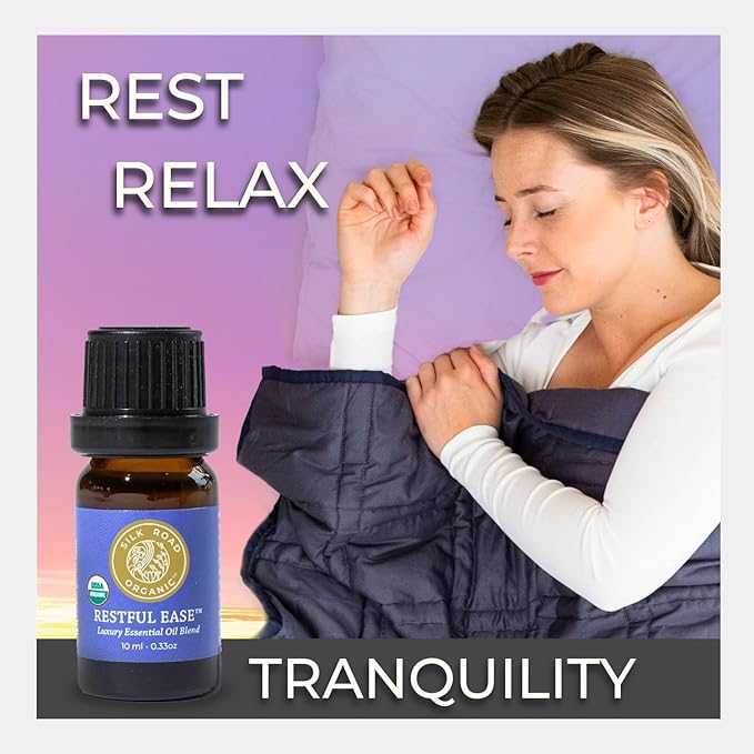 Silk Road Organic Restful Ease Essential Oil Sleep & Stress Blend - 100% Pure USDA Certified with Indian Sandalwood - Stress Ease Aromatherapy & Calming Relaxation - 10 ml Dropper