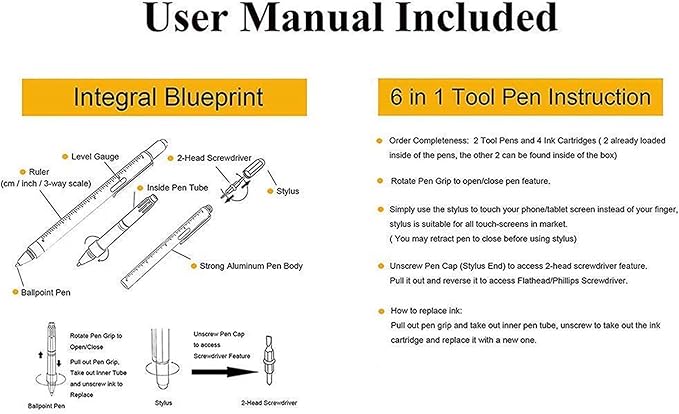 HeTaoCat Gifts Multi Tech Tool 6 in 1 Stylus Pen - Screwdriver With Ruler, Levelgauge, Ballpoint Black Ink (White)