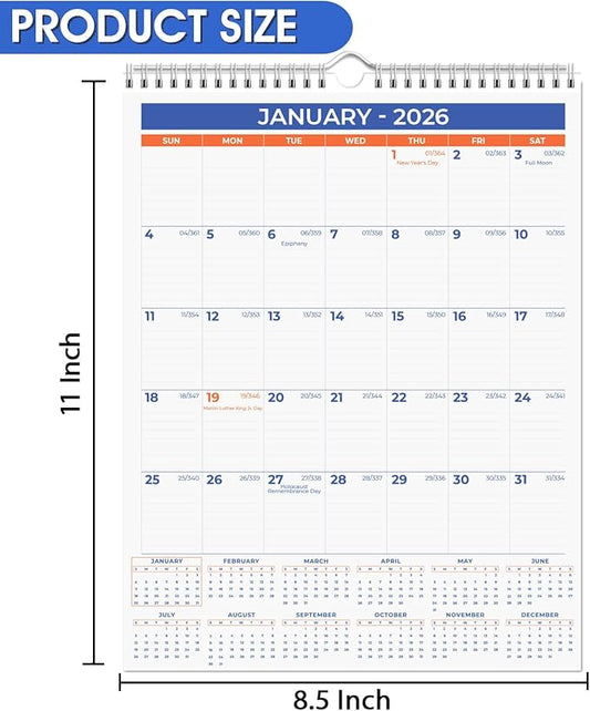 2026 Wall Calendar - January 2026 - December 2026, 12 Monthly Hanging Calendar, 2026 Planner, A4 Size 8.5" x 11", Spiral Binding, Holidays, Julian Dates, Large Blocks, Twin-Wire Binding, Hanging Hook, (1 Pack)