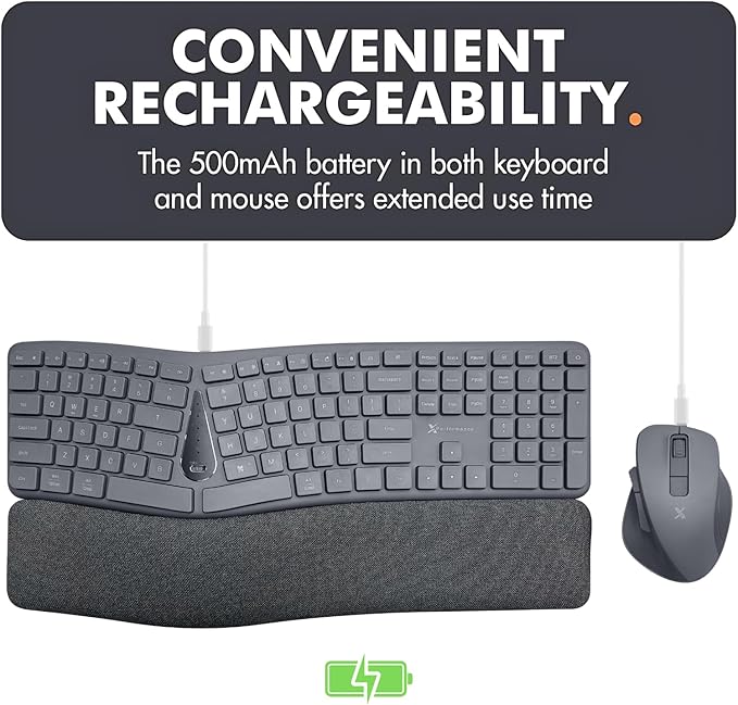 X9 Split Ergonomic Keyboard Mouse Wireless Combo - Type Comfortably Longer - 2.4G/Bluetooth Ergo Keyboard Mouse Wireless, Silent Keys, Wrist Rest, Multi-Device, Rechargeable for Laptop, PC, Mac - Gray