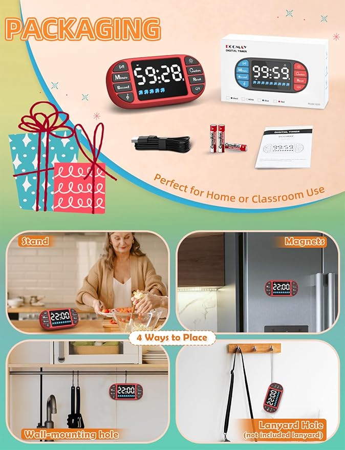 DOOMAY Digital Kitchen Visual Timer: 3.6'' Large LED Display, Magnetic, 3 Brightness, 4 Alarms and Volume, Memory Function, Countdown Count up for Cooking, Classroom, Home Gym, AAA Battery Included