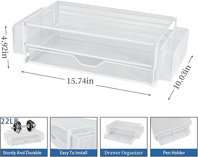 AUPSEN Computer Monitor Stands Riser,2-Tier Desk Organizers and Accessories, Office Desk Accessories Organizer with Drawers and 2 Pen Holder for Office Supplies (White)