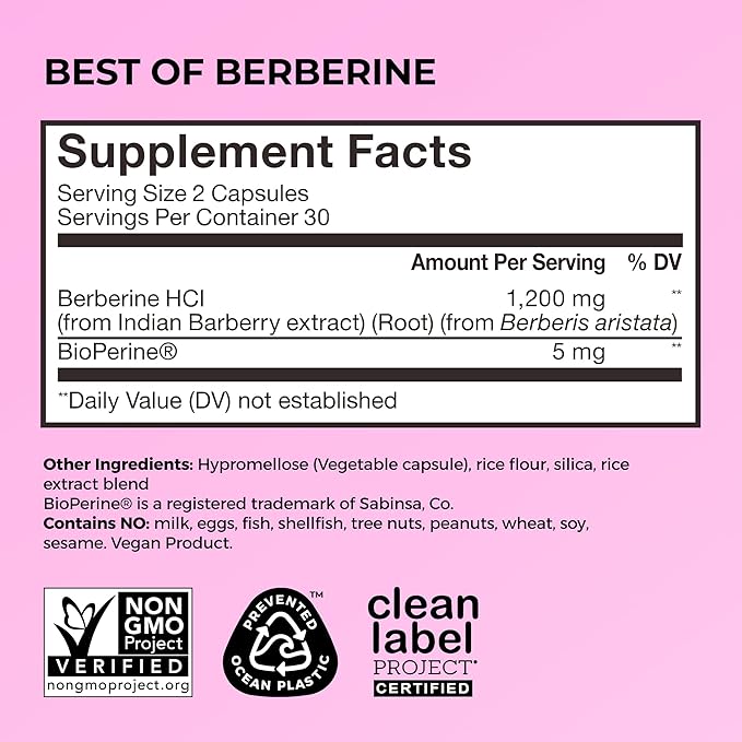 HUM Best of Berberine Supplement 1200mg, Pure Potency for Metabolic Wellness, Gut Health, Pure Berberine Supplements Enhanced with BioPerine for Maximum Absorption, 60 Capsules