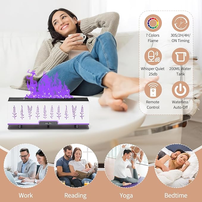 Colorful Essential Oil Diffuser, 7 Colors Flame Fire Diffuser, 200ML Ultra-Quiet Aromatherapy Diffuser with Remote Control, Timer Up, Auto-Off Protection for Home,Office,Bedroom (White)