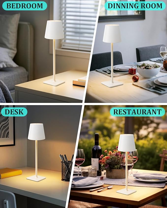 Cordless Table Lamp Rechargeable Lamps: 6000mAh Battery Operated Table Lamp Outdoor Waterproof, Touch Control, Portable Wireless Desk Lamp for Dinner/Bedroom/Restaurant (White2 Pack