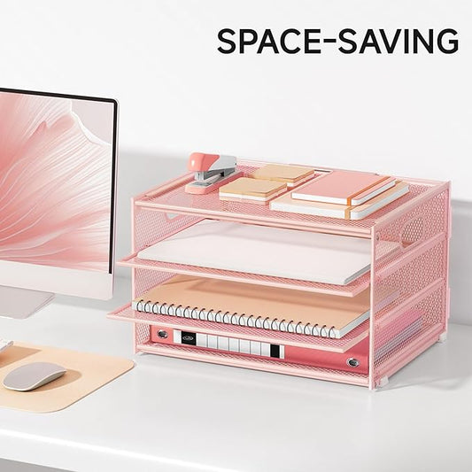 Lavatino 3-Tier Letter Tray Desk Organizer, Mesh Metal Paper File Tray Organizer for Desk, Office Supplies & Home Organization, Fits A4 Paper, Mail, Magazines & Office Accessories (Pink with Handle)