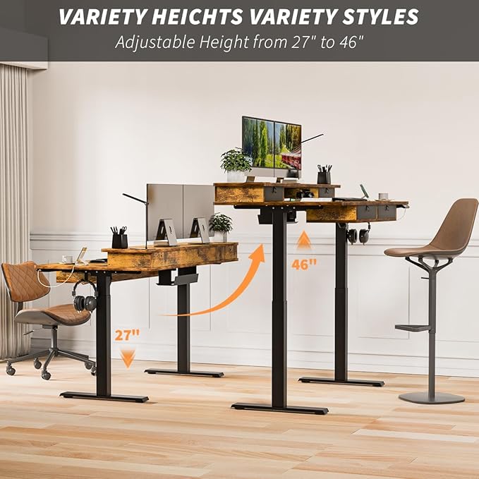 Standing Desk with Fast Charging USB Ports, 63" x 30" Height Adjustable Home Office & Gaming Desk, Sit Stand Desk with Built-in Storage Shelf, Hook & Ergonomic Design(Rustic Brown)