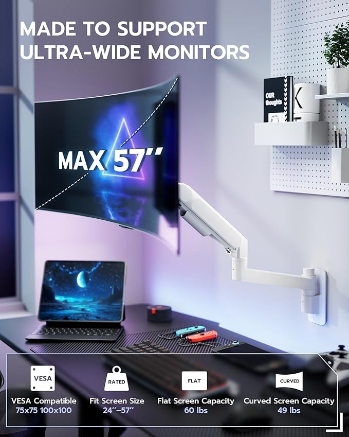 ARES WING Monitor Wall Mount for 24-57 Inch Ultrawide Gaming Screens, Premium Heavy Duty Monitor Arm Holds 60 lbs, Full Motion Gas Spring, Bearing Head for Easy Adjustment, 75/100 VESA Mount, White
