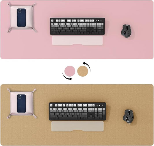 DAWNTREES Pink Desk Mat,Leather Desk Pad,40"x16",Cork Desk Mat Protector,with PU Leather Valet Tray Organizer,Large Mouse Pad,Desk Writing Pad for Office and Home