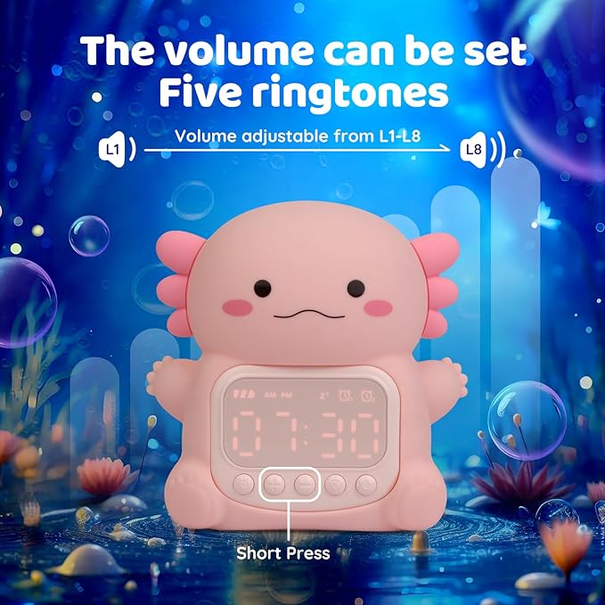 Axolotl Alarm Clock with Night Light for Kids, Rechargeable Silicone Lamp Time to Wake Clock,Cute Animal Tabletop Lamp, Perfect Sleep Companion for Boys Girls