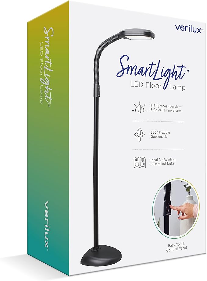 Verilux SmartLight Full Spectrum LED Modern Floor Lamp with Adjustable Brightness, Flexible Gooseneck and Easy Controls - Reduces Eye Strain and Fatigue - Ideal for Reading, Artists, Craft (Black)