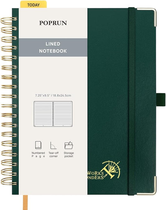 POPRUN Lined Spiral Journal Notebook for Women & Men, 7-1/4" x 9-1/2", 220 Numbered Pages, College Ruled Hardcover Notebook for Work, Journals for Writing, 120 GSM Thick Paper - Dark Green