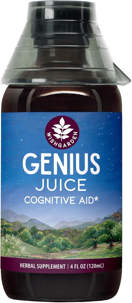 WishGarden Herbs Genius Juice - Liquid Herbal Nootropic Brain Booster Supplement for Focus, Clarity, Concentration & Energy with Ginkgo Biloba & Gotu Kola, Cognitive Support, No Caffeine, 4oz