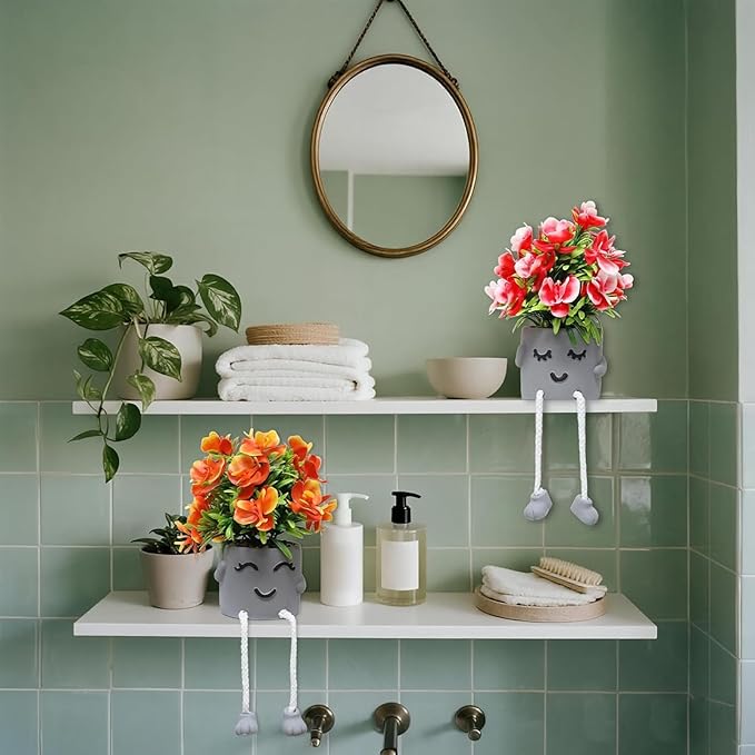 Zerzsy Cute Artifical Plants in Cement Pots, Small Fake Plants for Office Decorations, Mini Faux Succulents for Home Desk Shelf Decor-Set of 2