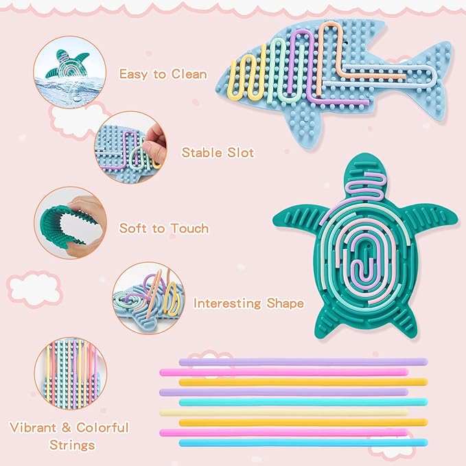 2 Pack Sensory Activity Board with 20 Random-Color Strings, Double-Sided Silicone Sensory Fidget Toy for Kids and Adults with Autism, ADHD, Silent, Stress Relief, Calming, Focus, Gift for Girls Boys