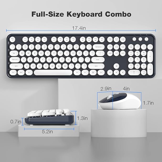 MOFII Wireless Keyboard and Mouse Combo, Computer Full Size 2.4G Plug and Play Wireless Typewriter Retro Round Keyboard and Mouse Set for Windows, Computer, Desktop, PC, Notebook - (Dark Blue)