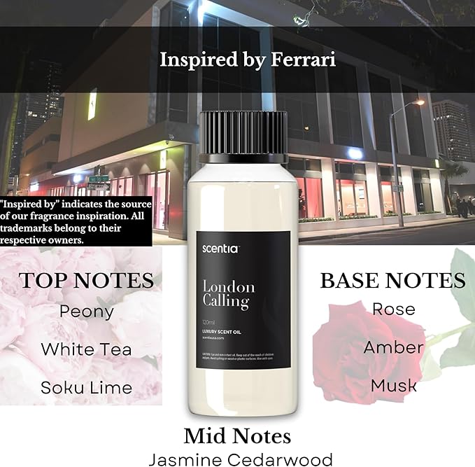 Hotel Diffuser Oil Inspired by Ferrari - 120 ml 4.06 fl oz - Fragrance Oil Blend White Tea, Cedarwood & Soku Lime for Aromatherapy Diffusers and Humidifiers - London Calling, Mothers Day Gift