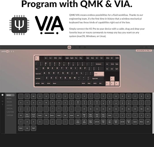 Keychron K1 Pro TKL Layout Ultra-Slim QMK/VIA Custom Bluetooth Wireless/USB Wired Mechanical Keyboard with Hot-Swappable Low-Profile Gateron Brown Switch, RGB Backlit PBT Keycaps for Mac Windows Linux