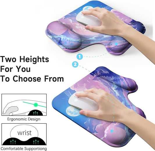 Ergonomic Mouse Pad with Gel Wrist Rest (1"& 1.2" Dual Height) - Mouse Pads Compact Mousepad Desk Mat Office, Gaming & Carpal Tunnel Relief | Non-Slip Rubber Base| Cloud Moon