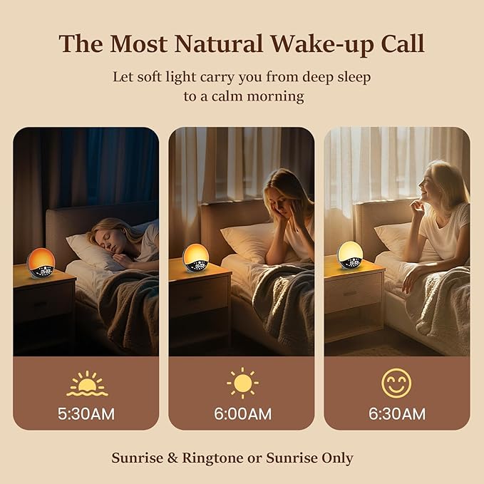 Wake Up Light Sunrise Alarm Clock for Bedrooms, Rechargeable Sound Machine Night Light, 28 Sleep Sounds, 12 Colors, Dual Alarms, White Noise Sound Machine for Baby and Adults