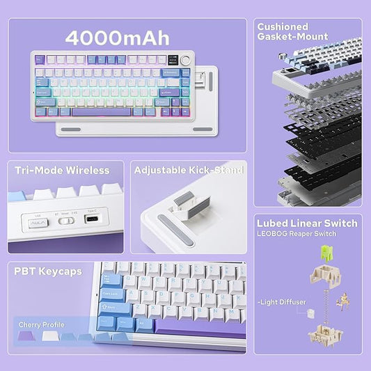EPOMAKER X Aula F75 MAX Wireless Mechanical Keyboard with TFT Screen and Knob, Gasket Gaming Keyboard in 75% Layout, Hot Swappable, RGB Backlight, for PC/Mac/Linux (Blue&White&Purple)