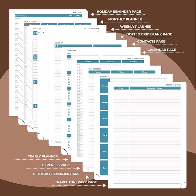 Weekly Monthly 2026 Planner (Jan.26-Dec.26),8.5"x6.5",12 Months Agenda Plan with Month Tabs & Pocket,Expenses/Note Pages, Appointment Book Calendar with Hardcover Vegan Leather Cover,Brown