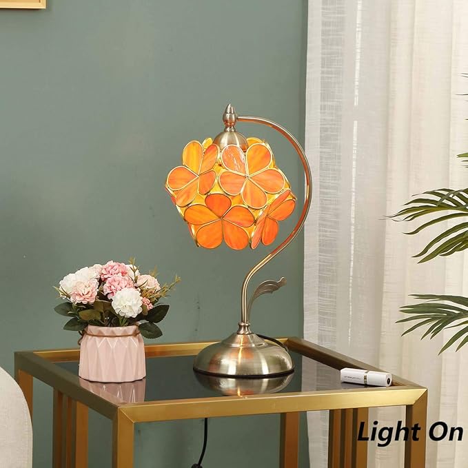 Bieye L10753 Tiffany Style Stained Glass Flower Petal Table Lamp with Brass Base for Home Décor (Orange, 8" Cherry Blossom)