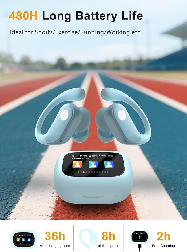 Wireless Earbuds, ENC Noise Cancelling Sport Ear Buds with Multifunctional Touch Screen, Bluetooth 5.4 Headphones, Bass Stereo Sound, 5 EQ Over-Ear Earbuds for Sports/Workout/Gym-Sky Blue