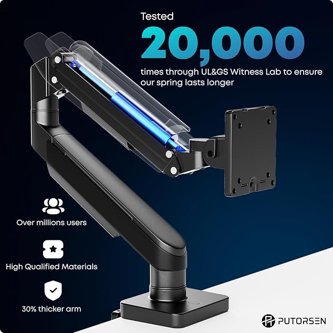 Heavy Duty Monitor-Arm for 17"-49" Ultrawide - Aluminum Full Motion Single Monitor Arm Desk Mount for Office & Gaming, Adjustable Gas Spring, Ergonomic, VESA 75/100 mm, Max Load 44lbs, Black
