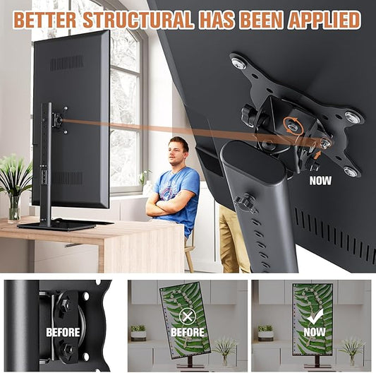Single Monitor Stand Freestanding 27-43 Inch Monitor Arm Curved Screen Monitor Mount Tempered Glass Base Adjustable Motion Tilt -15Β° to 10Β° Swivel Β±45Β° Rotation 360Β° Weight Capacity 77lbs HT05B-003