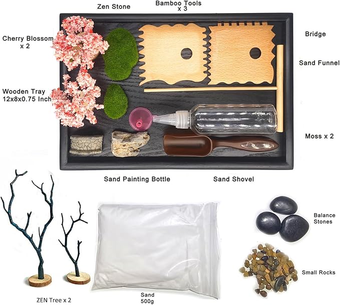 Zen Garden for Desk, Japanese Zen Garden Kit with Sand Stamp Sphere and Essential Accessories, Mini Zen Sandbox Office Decor Kit for Relaxation, Meditation Gift
