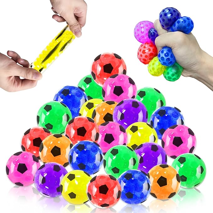 28 Pack Stress Balls Set Fidget Toys, Halloween Party Favors for Kids School Class Birthday Gifts, Colorful Soccer Stress Relief Fidget Toys for Kids Boys Girls Stress Bulk Goodie Bag Stuffers