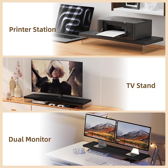 Monitor Stand Riser, Wood & Acrylic Computer Monitor Stand Desk Desktop Organizer Table for Home, Office Workspace, Laptop Riser, Printer, PC & TV Screen Riser