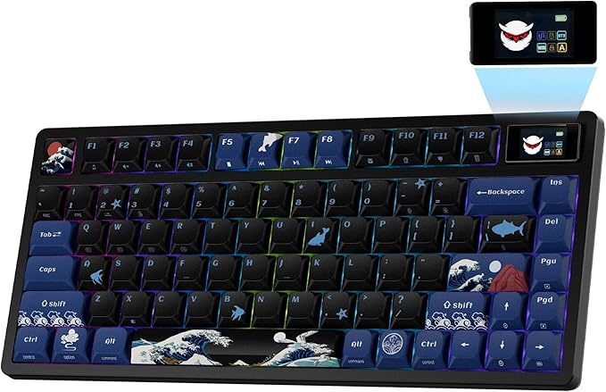 XVX 75% Keyboard with Color Smart Display, L75 Pro Low Profile Gasket Mechanical Gaming Keyboard, Bluetooth 5.1/2.4G Wireless/Type-C Wired Custom Anime Keyboard with RGB Backlit, Black Kanagawa Theme