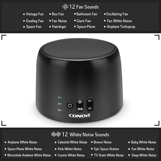 Conor White Noise Machine, Sleep Sound Machine - 24 High Fidelity Soothing Fan & White Noise Sounds, Timer & Memory Feature, Portable Office Privacy or Travel Sleep Therapy for Baby, Kids, Adults